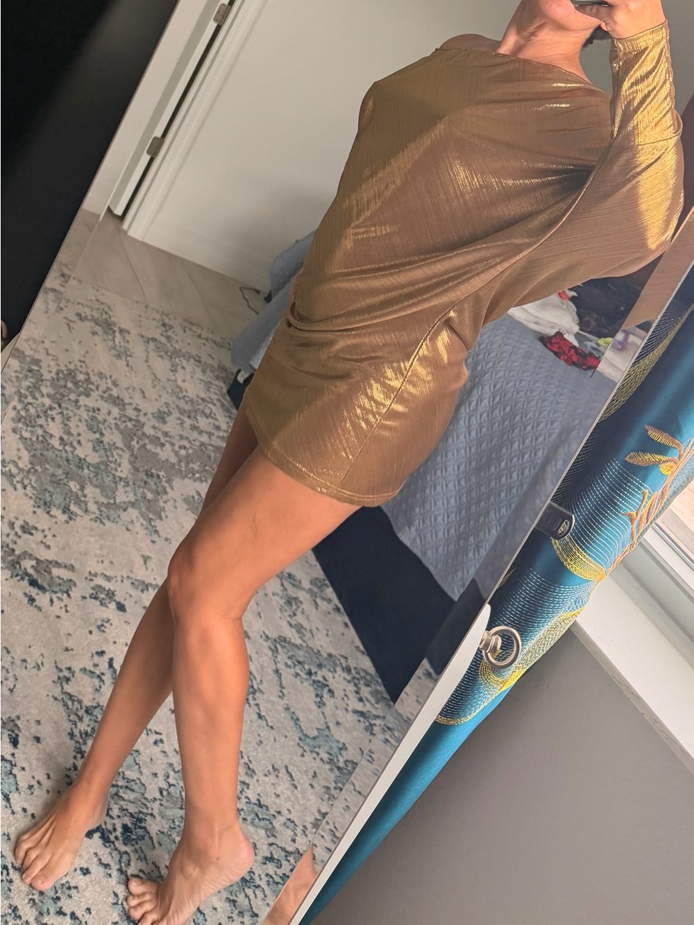 SHEIN Metallic Gold Off-Shoulder Mini Dress - Picture 3 of 9